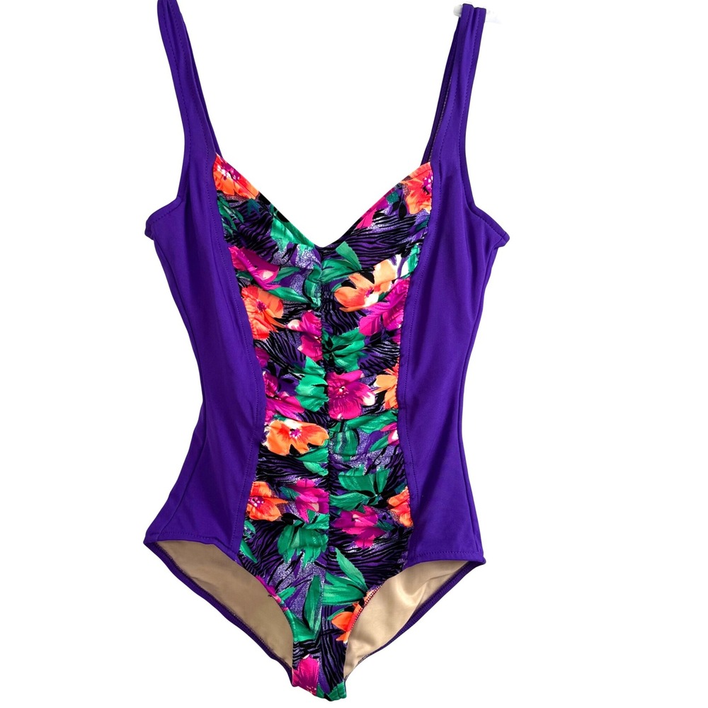 The Slimsuit One Piece Swimsuit 16 Purple Floral Zebra Print 90s Vintage Retro